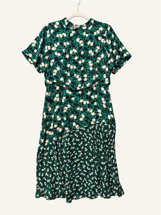 Ann Taylor Mixed Floral Flare Dress NWT Size 10 Green Blouson Short Sleeve Midi - Picture 2 of 10